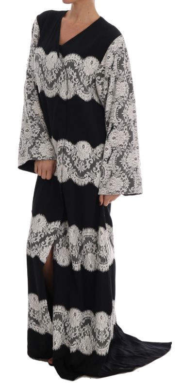 DOLCE & GABBANA Black Silk Floral Lace Kaftan Dress