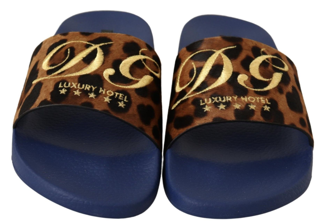 DOLCE & GABBANA Blue Brown Leopard Logo Rubber Slides Slippers Shoes