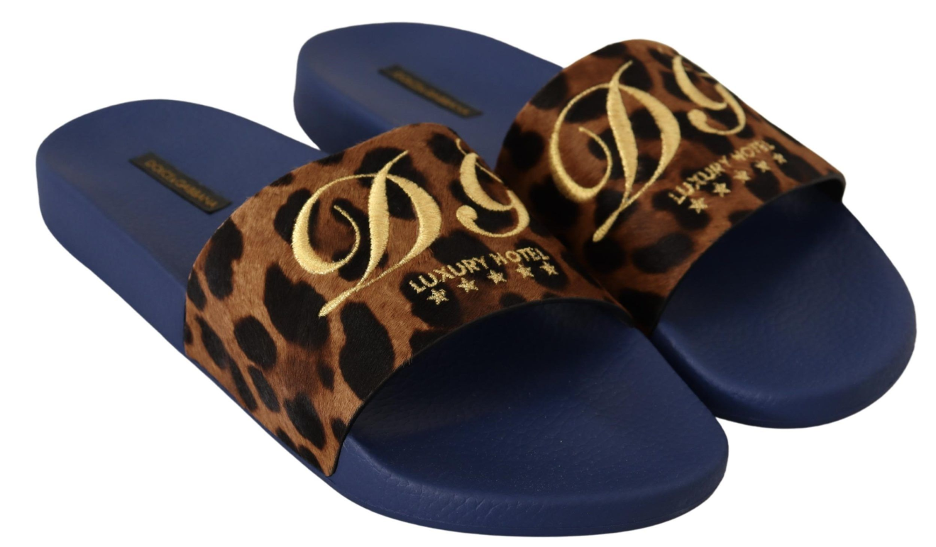 DOLCE & GABBANA Blue Brown Leopard Logo Rubber Slides Slippers Shoes