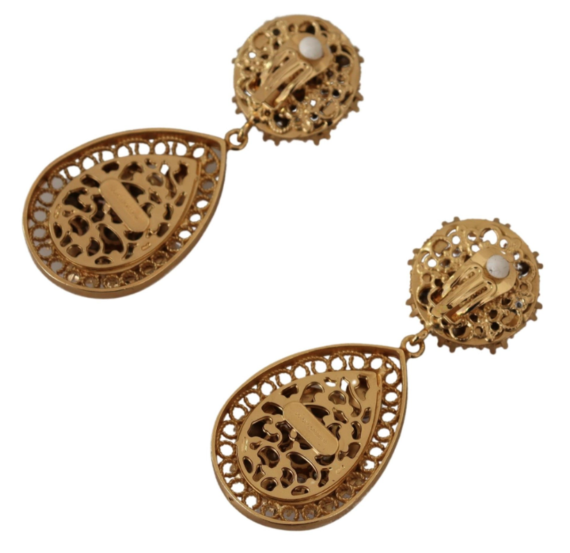 DOLCE & GABBANA Gold Crystal DG SICILY Clip-on Jewelry Dangling Earrings