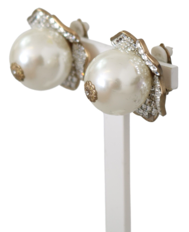 DOLCE & GABBANA Gold Tone Maxi Faux Pearl Floral Clip-on Jewelry Earrings