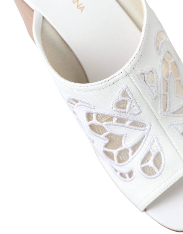 DOLCE & GABBANA White Leather Embroidered Wedge Sandal Shoes