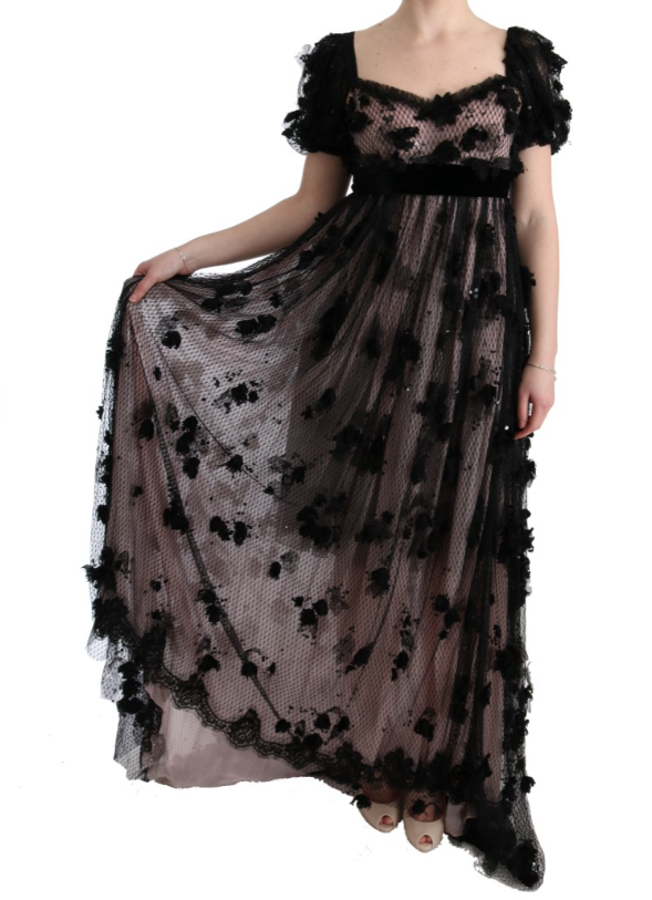 DOLCE & GABBANA Black Pink Silk Applique Shift Dress