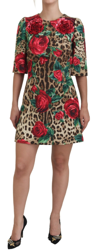 DOLCE & GABBANA Brown Leopard Red Roses Cotton A-line Dress