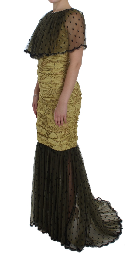 DOLCE & GABBANA Yellow Black Floral Lace Ricamo Gown Dress