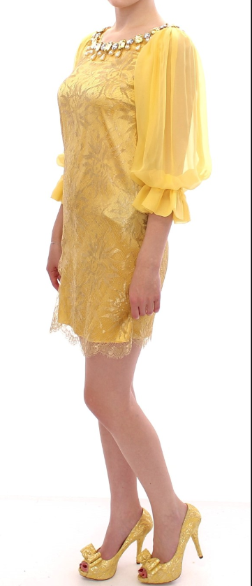 DOLCE & GABBANA Yellow lace crystal mini dress
