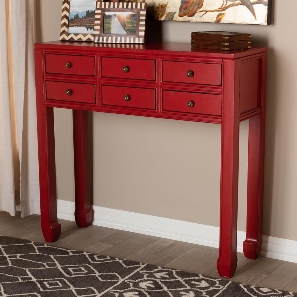 Pomme Classic and Antique Red Finished Wood Bronze Finished Accents 6-Drawer Console Table