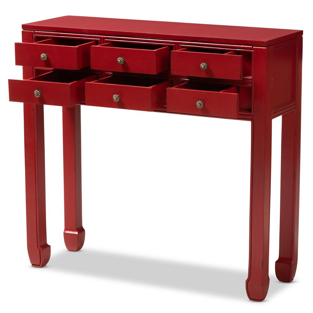 Pomme Classic and Antique Red Finished Wood Bronze Finished Accents 6-Drawer Console Table