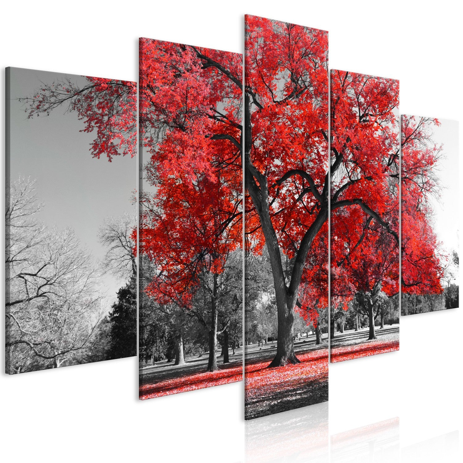 Canvas Painting - Autumn in the Park (5 Parts) Wide Red