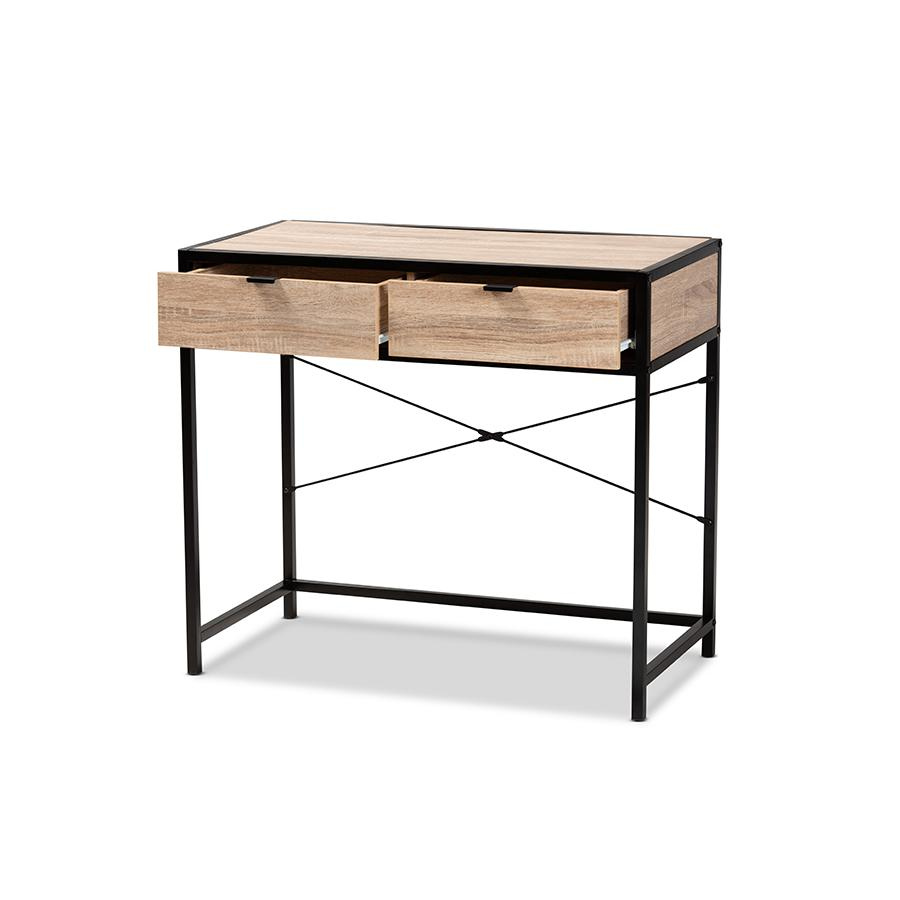Baxton Studio Grayer Modern Industrial Natural Brown Finished Wood and Black Metal 2-Drawer Desk