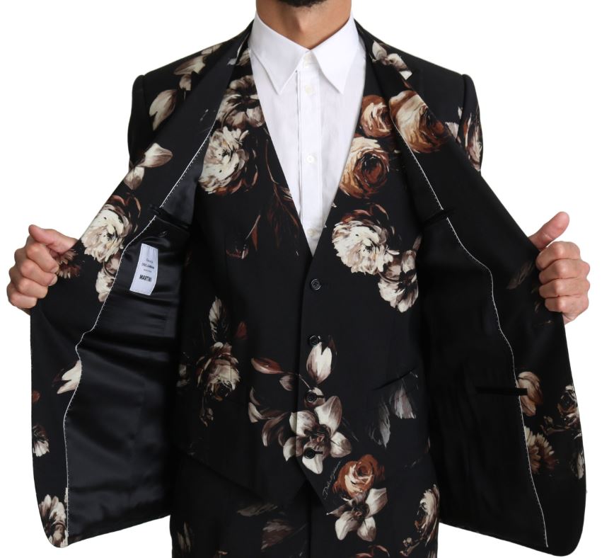 DOLCE & GABBANA Black Floral Slim 3 Piece MARTINI Suit