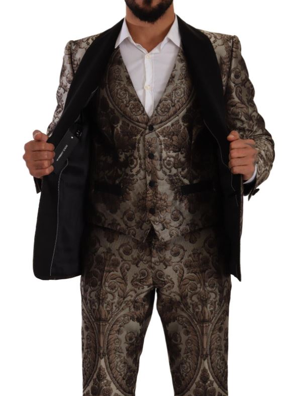 DOLCE & GABBANA Brown Jacquard Slim Fit Breasted 3 Piece Suit