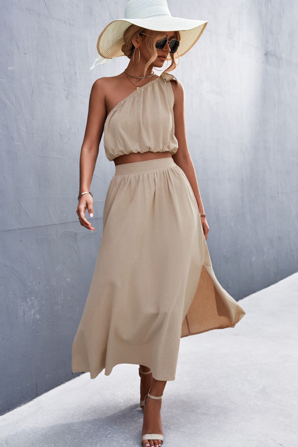 One-Shoulder Sleeveless Cropped Top and Maxi Skirt Set